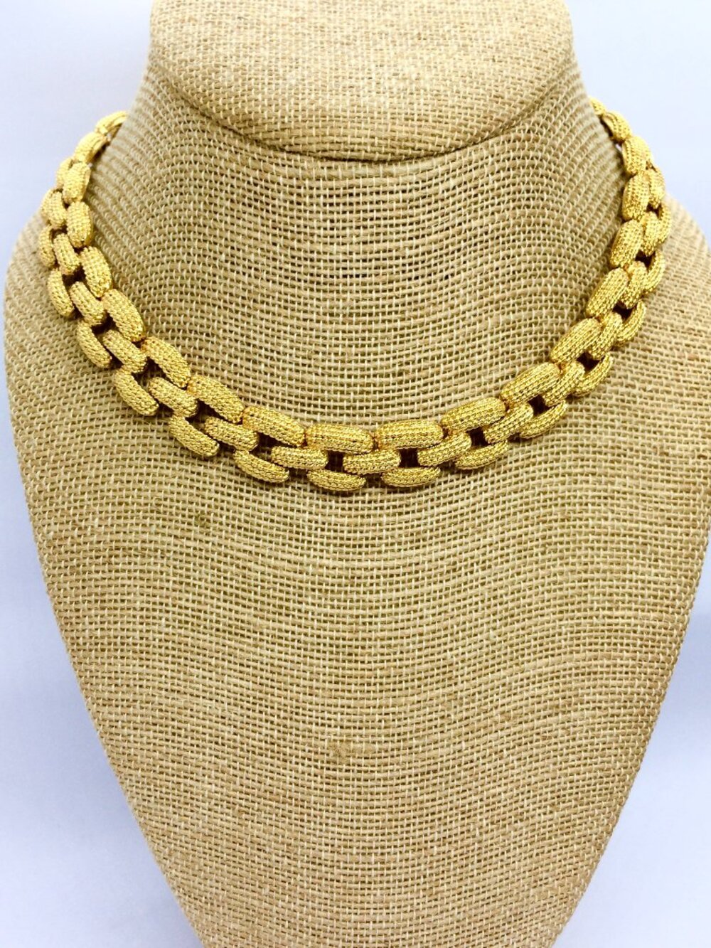 VINTAGE MONET NECKLACE Textured Gold Tone Chain Link Collar Choker